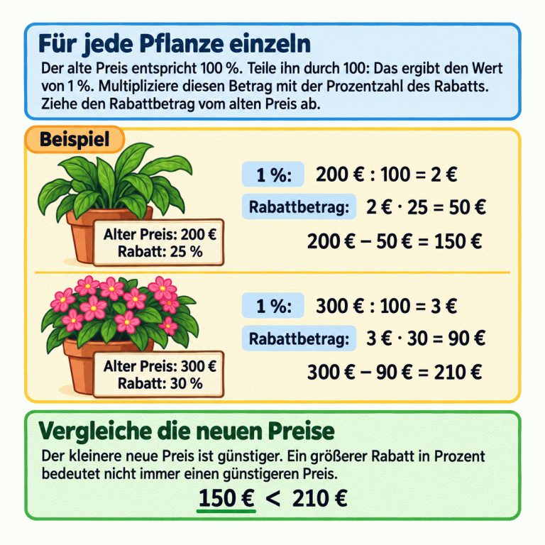 Ein Lehrbeispiel mit zwei Pflanzen erklärt das Berechnen und Vergleichen von Rabattpreisen. Der alte Preis entspricht 100 %. Bei 200 € und 25 % Rabatt sind 1 % gleich 2 €. Der Rabattbetrag ist 50 €, der neue Preis 150 €. Bei 300 € und 30 % Rabatt sind 1 % gleich 3 €. Der Rabattbetrag ist 90 €, der neue Preis 210 €. Weil 150 € weniger als 210 € sind, ist das erste Beispielangebot günstiger. Ein größerer Rabatt in Prozent bedeutet also nicht immer einen günstigeren Endpreis. Für jede Pflanze einzeln: Der alte Preis entspricht 100 %. Teile ihn durch 100: Das ergibt den Wert von 1 %. Multipliziere diesen Betrag mit der Prozentzahl des Rabatts. Ziehe den Rabattbetrag vom alten Preis ab. Vergleiche die neuen Preise: Der kleinere neue Preis ist günstiger. Ein größerer Rabatt in Prozent bedeutet nicht immer einen günstigeren Preis. Beispiel Alter Preis: 200 €
Rabatt: 25 % 200 € : 100 = 2 € 2 € · 25 = 50 € 200 € − 50 € = 150 € Alter Preis: 300 €
Rabatt: 30 % 300 € : 100 = 3 € 3 € · 30 = 90 € 300 € − 90 € = 210 € 150 € < 210 € 1 %: Rabattbetrag: