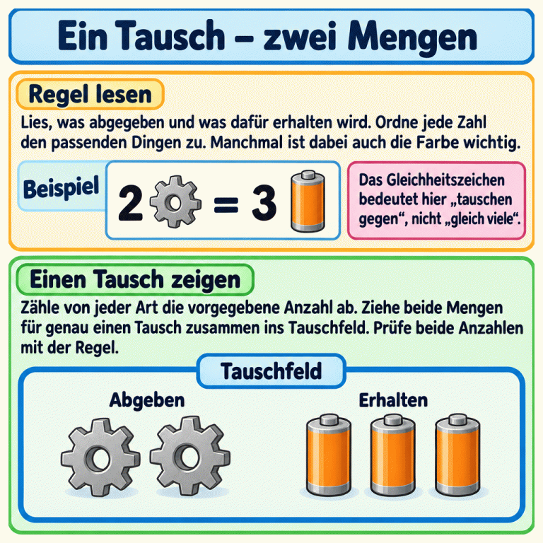Lernkarte zum Tauschhandel. Eine ausdrücklich gekennzeichnete Beispielregel zeigt: Zwei Zahnräder werden gegen drei Batterien getauscht. Im gemeinsamen Tauschfeld stehen zwei Zahnräder bei Abgeben und drei Batterien bei Erhalten. Die Anleitung erklärt, die Zahlen den passenden Dingen zuzuordnen, beide Mengen für genau einen Tausch abzuzählen, gemeinsam ins Feld zu ziehen und einzeln mit der Regel zu prüfen. Farben können bei der Unterscheidung wichtig sein. Das Gleichheitszeichen bedeutet hier tauschen gegen, nicht gleich viele. Ein Tausch – zwei Mengen Regel lesen: Lies, was abgegeben und was dafür erhalten wird. Ordne jede Zahl den passenden Dingen zu. Manchmal ist dabei auch die Farbe wichtig. Einen Tausch zeigen: Zähle von jeder Art die vorgegebene Anzahl ab. Ziehe beide Mengen für genau einen Tausch zusammen ins Tauschfeld. Prüfe beide Anzahlen mit der Regel. Das Gleichheitszeichen bedeutet hier „tauschen gegen“, nicht „gleich viele“. Beispiel 2 = 3 Abgeben Erhalten Tauschfeld