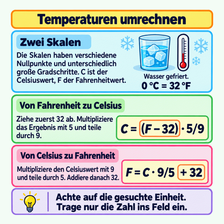 Lernkarte zur Umrechnung zwischen Celsius und Fahrenheit. Am Gefrierpunkt von Wasser entsprechen 0 °C genau 32 °F. C steht für den Celsiuswert, F für den Fahrenheitwert. Von Fahrenheit zu Celsius: zuerst 32 abziehen, dann mit 5 multiplizieren und durch 9 teilen. Von Celsius zu Fahrenheit: mit 9 multiplizieren, durch 5 teilen und danach 32 addieren. Die gesuchte Einheit beachten und nur die Zahl ins Feld eintragen. Temperaturen umrechnen Zwei Skalen: Die Skalen haben verschiedene Nullpunkte und unterschiedlich große Gradschritte. C ist der Celsiuswert, F der Fahrenheitwert. Von Fahrenheit zu Celsius: Ziehe zuerst 32 ab. Multipliziere das Ergebnis mit 5 und teile durch 9. Von Celsius zu Fahrenheit: Multipliziere den Celsiuswert mit 9 und teile durch 5. Addiere danach 32. Achte auf die gesuchte Einheit. Trage nur die Zahl ins Feld ein. Wasser gefriert. 0 °C = 32 °F C = (F − 32) · 5/9 F = C · 9/5 + 32