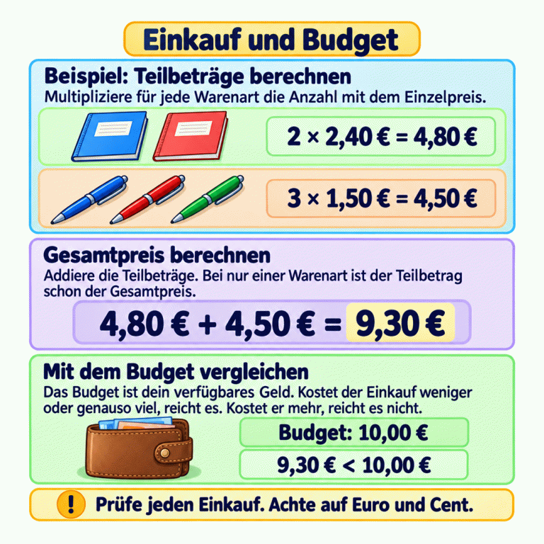 Eine Beispielrechnung mit Heften und Stiften: Zwei Hefte zu je 2,40 € kosten 4,80 €. Drei Stifte zu je 1,50 € kosten 4,50 €. Zusammen sind das 9,30 €. Das Beispielbudget beträgt 10,00 €, also reicht das Geld. Berechne für jede Warenart einen Teilbetrag und addiere bei gemischten Einkäufen die Teilbeträge. Bei nur einer Warenart ist der Teilbetrag bereits der Gesamtpreis. Auch ein Gesamtpreis genau in Höhe des Budgets ist bezahlbar; ein höherer nicht. Prüfe jeden Einkauf einzeln und achte auf Euro und Cent. Einkauf und Budget Beispiel: Teilbeträge berechnen: Multipliziere für jede Warenart die Anzahl mit dem Einzelpreis. Gesamtpreis berechnen: Addiere die Teilbeträge. Bei nur einer Warenart ist der Teilbetrag schon der Gesamtpreis. Mit dem Budget vergleichen: Das Budget ist dein verfügbares Geld. Kostet der Einkauf weniger oder genauso viel, reicht es. Kostet er mehr, reicht es nicht. Prüfe jeden Einkauf. Achte auf Euro und Cent. 2 × 2,40 € = 4,80 € 3 × 1,50 € = 4,50 € 4,80 € + 4,50 € = 9,30 € Budget: 10,00 € 9,30 € < 10,00 € !