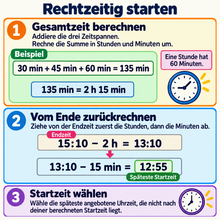 Die Karte erklärt, wie du für drei Abschnitte ohne Pause rechtzeitig startest. Im Beispiel ergeben 30, 45 und 60 Minuten zusammen 135 Minuten, also 2 Stunden und 15 Minuten. Eine Stunde hat 60 Minuten. Von der Endzeit 15:10 Uhr werden zuerst 2 Stunden abgezogen: 13:10 Uhr. Danach werden 15 Minuten abgezogen: 12:55 Uhr ist die späteste Startzeit. Wähle die späteste angebotene Uhrzeit, die nicht nach deiner berechneten Startzeit liegt. Rechtzeitig starten Gesamtzeit berechnen: Addiere die drei Zeitspannen. Rechne die Summe in Stunden und Minuten um. Vom Ende zurückrechnen: Ziehe von der Endzeit zuerst die Stunden, dann die Minuten ab. Startzeit wählen: Wähle die späteste angebotene Uhrzeit, die nicht nach deiner berechneten Startzeit liegt. Eine Stunde hat 60 Minuten. Beispiel 30 min + 45 min + 60 min = 135 min 135 min = 2 h 15 min 15:10 − 2 h = 13:10 13:10 − 15 min = 12:55 Endzeit Späteste Startzeit 1 2 3