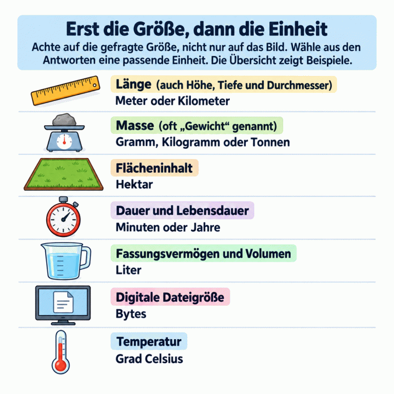 Zuerst die gefragte Größe erkennen, dann aus den Antworten eine passende Einheit wählen. Die Übersicht zeigt Beispiele: Länge, auch Höhe, Tiefe und Durchmesser – Meter oder Kilometer; Masse, oft Gewicht genannt – Gramm, Kilogramm oder Tonnen; Flächeninhalt – Hektar; Dauer und Lebensdauer – Minuten oder Jahre; Fassungsvermögen und Volumen – Liter; digitale Dateigröße – Bytes; Temperatur – Grad Celsius. Jede Zuordnung steht neben einem passenden Mess- oder Gegenstandssymbol. Erst die Größe, dann die Einheit: Achte auf die gefragte Größe, nicht nur auf das Bild. Wähle aus den Antworten eine passende Einheit. Die Übersicht zeigt Beispiele. Länge (auch Höhe, Tiefe und Durchmesser)
Meter oder Kilometer Masse (oft „Gewicht“ genannt)
Gramm, Kilogramm oder Tonnen Flächeninhalt
Hektar Dauer und Lebensdauer
Minuten oder Jahre Fassungsvermögen und Volumen
Liter Digitale Dateigröße
Bytes Temperatur
Grad Celsius
