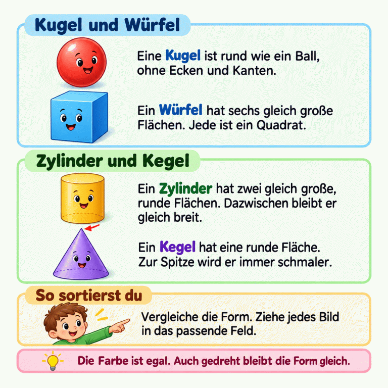 Vier räumliche Formen werden untereinander erklärt. Die Kugel ist rund wie ein Ball und hat keine Ecken oder Kanten. Der Würfel hat sechs gleich große quadratische Flächen. Der Zylinder hat zwei gleich große runde Flächen und bleibt dazwischen gleich breit. Der Kegel hat eine runde Fläche und wird bis zur Spitze schmaler. Vergleiche die Form und ziehe jedes Bild in das passende Feld. Farbe und Drehung ändern die Form nicht. Kugel und Würfel: Eine Kugel ist rund wie ein Ball, ohne Ecken und Kanten.
Ein Würfel hat sechs gleich große Flächen. Jede ist ein Quadrat. Zylinder und Kegel: Ein Zylinder hat zwei gleich große, runde Flächen. Dazwischen bleibt er gleich breit.
Ein Kegel hat eine runde Fläche. Zur Spitze wird er immer schmaler. So sortierst du: Vergleiche die Form. Ziehe jedes Bild in das passende Feld. Die Farbe ist egal. Auch gedreht bleibt die Form gleich.