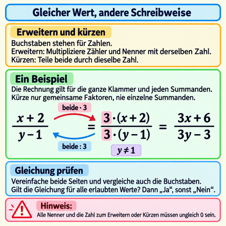 Ein Lehrbeispiel zeigt drei gleichwertige Brüche: x plus 2 über y minus 1, dann 3 mal die ganze Zählersumme über 3 mal die ganze Nennerdifferenz, schließlich 3x plus 6 über 3y minus 3. Dabei darf y nicht 1 sein. Vorwärts werden Zähler und Nenner mit 3 multipliziert, rückwärts beide durch 3 geteilt. Jeder Summand wird berücksichtigt; gekürzt werden gemeinsame Faktoren. Zum Prüfen einer Gleichung werden beide Seiten vereinfacht und die Buchstaben verglichen. „Ja“ gilt nur bei Gleichheit für alle erlaubten Werte. Nenner und verwendete Erweiterungs- oder Kürzungszahlen dürfen nicht 0 sein. Gleicher Wert, andere Schreibweise Erweitern und kürzen: Buchstaben stehen für Zahlen. Erweitern: Multipliziere Zähler und Nenner mit derselben Zahl. Kürzen: Teile beide durch dieselbe Zahl. Ein Beispiel: Die Rechnung gilt für die ganze Klammer und jeden Summanden. Kürze nur gemeinsame Faktoren, nie einzelne Summanden. Gleichung prüfen: Vereinfache beide Seiten und vergleiche auch die Buchstaben. Gilt die Gleichung für alle erlaubten Werte? Dann „Ja“, sonst „Nein“. Alle Nenner und die Zahl zum Erweitern oder Kürzen müssen ungleich 0 sein. x + 2 y − 1 3 · (x + 2) 3 · (y − 1) 3x + 6 3y − 3 = beide · 3 beide : 3 y ≠ 1 ! Hinweis: