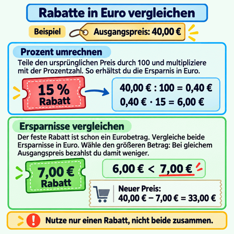 Ein gekennzeichnetes Beispiel zeigt einen Ausgangspreis von 40,00 € und zwei alternative Rabatte. Für 15 % Rabatt wird gerechnet: 40,00 € geteilt durch 100 sind 0,40 €; mal 15 ergibt das 6,00 € Ersparnis. Der feste Rabatt beträgt 7,00 €. Weil 6,00 € kleiner als 7,00 € sind, spart im Beispiel der feste Rabatt mehr. Der neue Preis ist 40,00 € minus 7,00 €, also 33,00 €. Die Karte erklärt: erst den Prozent-Rabatt in Euro umrechnen, dann die Eurobeträge vergleichen und nur einen Rabatt nutzen. Rabatte in Euro vergleichen Prozent umrechnen: Teile den ursprünglichen Preis durch 100 und multipliziere mit der Prozentzahl. So erhältst du die Ersparnis in Euro. Ersparnisse vergleichen: Der feste Rabatt ist schon ein Eurobetrag. Vergleiche beide Ersparnisse in Euro. Wähle den größeren Betrag: Bei gleichem Ausgangspreis bezahlst du damit weniger. Nutze nur einen Rabatt, nicht beide zusammen. Beispiel Ausgangspreis: 40,00 € 15 % Rabatt 40,00 € : 100 = 0,40 € 0,40 € · 15 = 6,00 € 7,00 € Rabatt 6,00 € < 7,00 € Neuer Preis: 40,00 € − 7,00 € = 33,00 € !