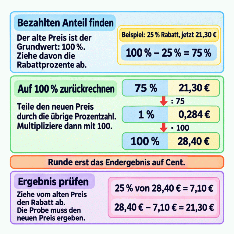 Die Karte erklärt das Zurückrechnen eines reduzierten Preises. Der alte Preis entspricht 100 %. Im Beispiel bleiben nach 25 % Rabatt noch 75 % übrig; sie entsprechen 21,30 €. Der Dreisatz teilt durch 75: 1 % entspricht 0,284 €. Danach wird mit 100 multipliziert: Der alte Preis beträgt 28,40 €. Erst das Endergebnis wird auf Cent gerundet. Zur Probe werden 25 % von 28,40 € berechnet, also 7,10 €. Nach dem Abziehen bleiben wieder 21,30 €. Bezahlten Anteil finden: Der alte Preis ist der Grundwert: 100 %. Ziehe davon die Rabattprozente ab. Auf 100 % zurückrechnen: Teile den neuen Preis durch die übrige Prozentzahl. Multipliziere dann mit 100. Ergebnis prüfen: Ziehe vom alten Preis den Rabatt ab. Die Probe muss den neuen Preis ergeben. Runde erst das Endergebnis auf Cent. Beispiel: 25 % Rabatt, jetzt 21,30 € 100 % − 25 % = 75 % 75 % 21,30 € : 75 1 % 0,284 € · 100 100 % 28,40 € 25 % von 28,40 € = 7,10 € 28,40 € − 7,10 € = 21,30 €