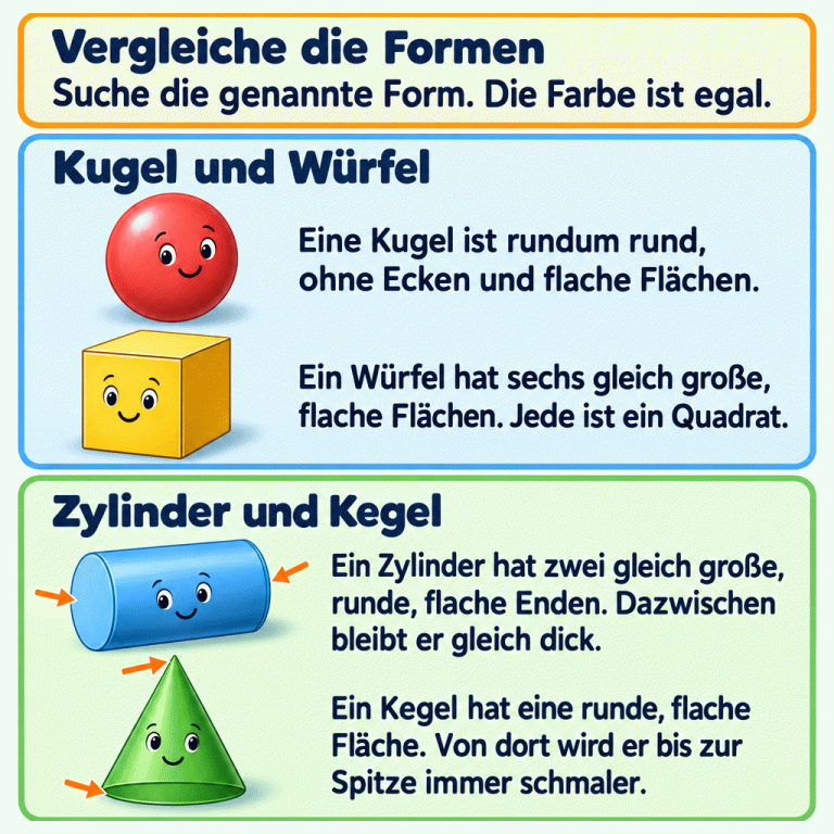 Vier Körper mit ihren Merkmalen: Eine Kugel ist rundum rund, ohne Ecken und flache Flächen. Ein Würfel hat sechs gleich große, flache Flächen; jede ist ein Quadrat. Ein Zylinder hat zwei gleich große, runde, flache Enden und bleibt dazwischen gleich dick. Ein Kegel hat eine runde, flache Fläche und wird von dort bis zur Spitze immer schmaler. Suche die genannte Form und vergleiche die Formen. Die Farbe ist egal. Vergleiche die Formen: Suche die genannte Form. Die Farbe ist egal. Kugel und Würfel: Eine Kugel ist rundum rund, ohne Ecken und flache Flächen.
Ein Würfel hat sechs gleich große, flache Flächen. Jede ist ein Quadrat. Zylinder und Kegel: Ein Zylinder hat zwei gleich große, runde, flache Enden. Dazwischen bleibt er gleich dick.
Ein Kegel hat eine runde, flache Fläche. Von dort wird er bis zur Spitze immer schmaler.