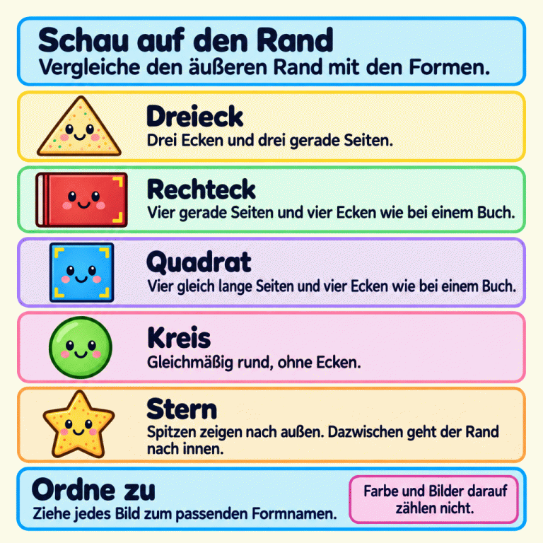 Die Karte erklärt das Sortieren nach der äußeren Form. Fünf Beispiele zeigen die Merkmale: Ein Dreieck hat drei Ecken und drei gerade Seiten. Ein Rechteck hat vier gerade Seiten und vier Ecken wie bei einem Buch. Ein Quadrat hat vier gleich lange Seiten und solche Ecken. Ein Kreis ist gleichmäßig rund und hat keine Ecken. Beim Stern zeigen Spitzen nach außen; dazwischen geht der Rand nach innen. Vergleiche den äußeren Rand und ziehe jedes Bild zum passenden Formnamen. Farbe und Bilder darauf zählen nicht. Schau auf den Rand: Vergleiche den äußeren Rand mit den Formen. Ordne zu: Ziehe jedes Bild zum passenden Formnamen. Farbe und Bilder darauf zählen nicht. Dreieck
Drei Ecken und drei gerade Seiten. Rechteck
Vier gerade Seiten und vier Ecken wie bei einem Buch. Quadrat
Vier gleich lange Seiten und vier Ecken wie bei einem Buch. Kreis
Gleichmäßig rund, ohne Ecken. Stern
Spitzen zeigen nach außen. Dazwischen geht der Rand nach innen.