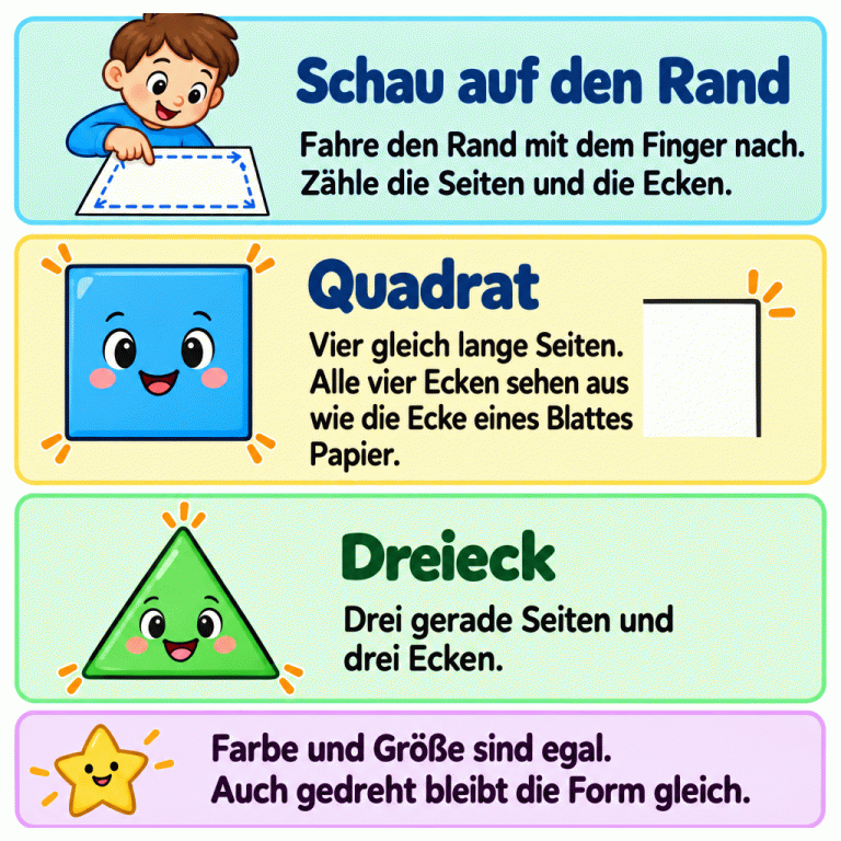 Fahre den Rand mit dem Finger nach und zähle Seiten und Ecken. Ein Quadrat hat vier gleich lange Seiten und vier Ecken wie die Ecke eines Blattes Papier. Darunter zeigt ein Dreieck drei gerade Seiten und drei Ecken. Kleine Markierungen helfen beim Zählen der Ecken. Farbe, Größe und Drehung ändern die Form nicht. Schau auf den Rand: Fahre den Rand mit dem Finger nach. Zähle die Seiten und die Ecken. Quadrat: Vier gleich lange Seiten. Alle vier Ecken sehen aus wie die Ecke eines Blattes Papier. Dreieck: Drei gerade Seiten und drei Ecken. Farbe und Größe sind egal. Auch gedreht bleibt die Form gleich.