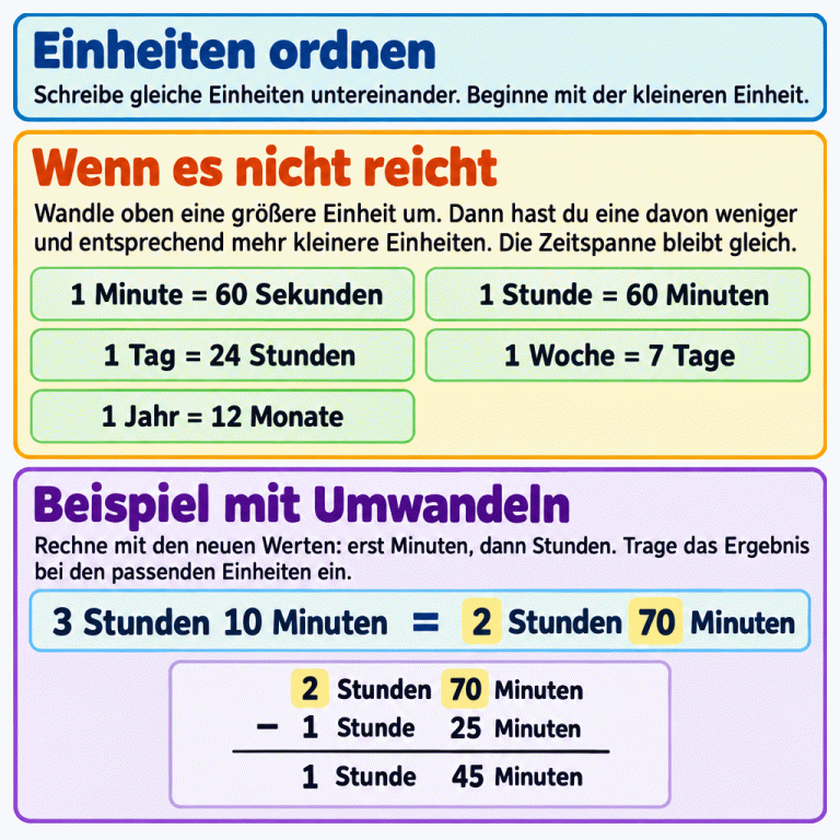 Lerntafel zum Subtrahieren von Zeitspannen. Gleiche Einheiten stehen untereinander; gerechnet wird zuerst mit der kleineren Einheit. Wenn sie oben nicht ausreicht, wird eine größere Einheit wertgleich umgewandelt. Die Übersicht nennt 60 Sekunden je Minute, 60 Minuten je Stunde, 24 Stunden je Tag, 7 Tage je Woche und 12 Monate je Jahr. Im gekennzeichneten Beispiel werden 3 Stunden 10 Minuten als 2 Stunden 70 Minuten geschrieben. Nach dem Abziehen von 1 Stunde 25 Minuten bleiben 1 Stunde 45 Minuten. Einheiten ordnen: Schreibe gleiche Einheiten untereinander. Beginne mit der kleineren Einheit. Wenn es nicht reicht: Wandle oben eine größere Einheit um. Dann hast du eine davon weniger und entsprechend mehr kleinere Einheiten. Die Zeitspanne bleibt gleich. Beispiel mit Umwandeln: Rechne mit den neuen Werten: erst Minuten, dann Stunden. Trage das Ergebnis bei den passenden Einheiten ein. 1 Minute = 60 Sekunden 1 Stunde = 60 Minuten 1 Tag = 24 Stunden 1 Woche = 7 Tage 1 Jahr = 12 Monate 3 Stunden 10 Minuten = 2 Stunden 70 Minuten − 1 Stunde 25 Minuten 1 Stunde 45 Minuten