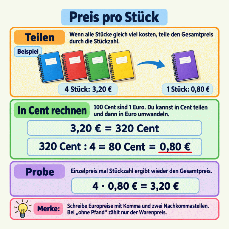 Anleitung zum Berechnen eines Einzelpreises bei gleich teuren Waren. Ein gekennzeichnetes Beispiel zeigt vier Notizbücher für zusammen 3,20 € und ein einzelnes Notizbuch für 0,80 €. Der Gesamtpreis wird durch die Stückzahl geteilt. 3,20 € sind 320 Cent; geteilt durch vier ergeben sich 80 Cent, also 0,80 € pro Stück. Die Probe ergibt: vier mal 0,80 € sind 3,20 €. Europreise werden mit Komma und zwei Nachkommastellen geschrieben. Bei Angaben ohne Pfand wird nur mit dem Warenpreis gerechnet. Preis pro Stück Teilen: Wenn alle Stücke gleich viel kosten, teile den Gesamtpreis durch die Stückzahl. In Cent rechnen: 100 Cent sind 1 Euro. Du kannst in Cent teilen und dann in Euro umwandeln. Probe: Einzelpreis mal Stückzahl ergibt wieder den Gesamtpreis. Schreibe Europreise mit Komma und zwei Nachkommastellen. Bei „ohne Pfand“ zählt nur der Warenpreis. Beispiel 4 Stück: 3,20 € 1 Stück: 0,80 € 3,20 € = 320 Cent 320 Cent : 4 = 80 Cent = 0,80 € 4 · 0,80 € = 3,20 € Merke: