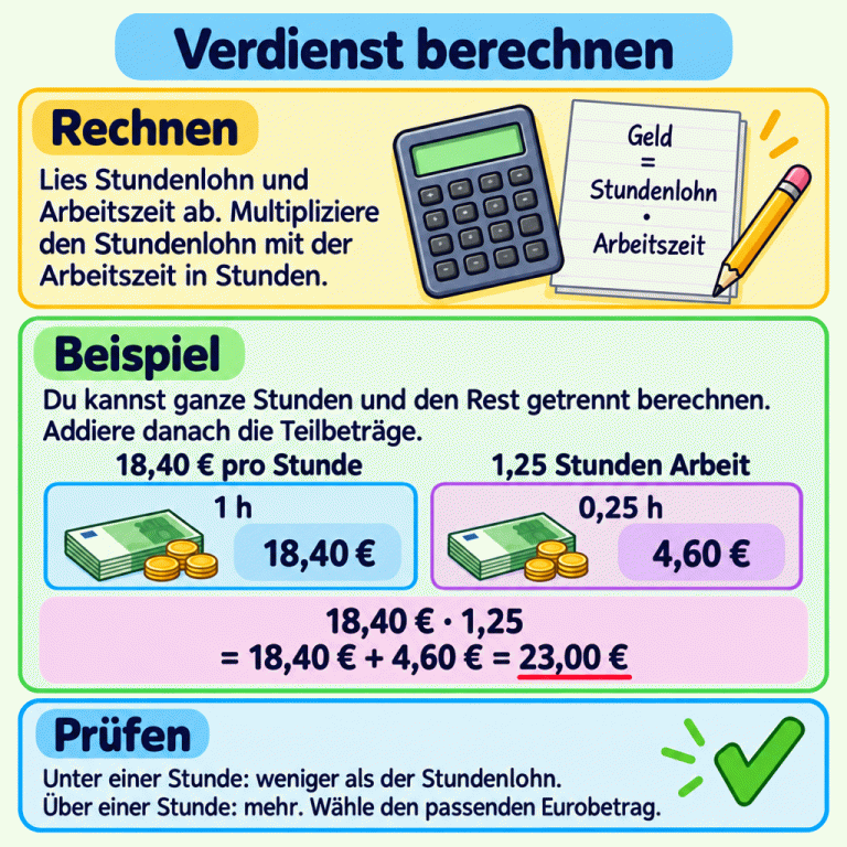 Den Verdienst berechnest du mit Stundenlohn mal Arbeitszeit in Stunden. Beispiel: Bei 18,40 € pro Stunde bringt eine ganze Stunde 18,40 € und ein Anteil von 0,25 Stunden 4,60 €. Für 1,25 Stunden sind es zusammen 23,00 €. Bei weniger als einer Stunde ist der Verdienst kleiner als der Stundenlohn, bei mehr als einer Stunde größer. Verdienst berechnen Rechnen: Lies Stundenlohn und Arbeitszeit ab. Multipliziere den Stundenlohn mit der Arbeitszeit in Stunden. Beispiel: Du kannst ganze Stunden und den Rest getrennt berechnen. Addiere danach die Teilbeträge. Prüfen: Unter einer Stunde: weniger als der Stundenlohn. Über einer Stunde: mehr. Wähle den passenden Eurobetrag. 18,40 € pro Stunde 1,25 Stunden Arbeit 1 h 0,25 h 18,40 € 4,60 € 18,40 € · 1,25
= 18,40 € + 4,60 € = 23,00 € Geld
=
Stundenlohn
·
Arbeitszeit ✓