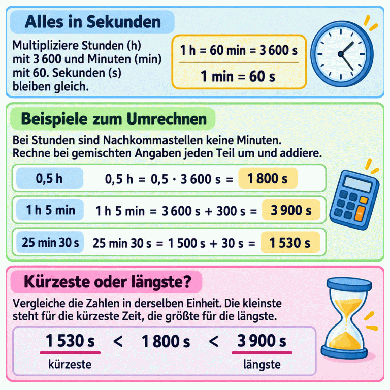 Drei Lernbereiche erklären das Vergleichen von Zeitspannen. Eine Stunde entspricht 60 Minuten oder 3 600 Sekunden, eine Minute 60 Sekunden. Die Beispiele ergeben: 0,5 Stunden sind 1 800 Sekunden; 1 Stunde 5 Minuten sind 3 900 Sekunden; 25 Minuten 30 Sekunden sind 1 530 Sekunden. Bei gemischten Angaben werden die umgerechneten Teile addiert. Die Vergleichszeile zeigt: 1 530 Sekunden sind kürzer als 1 800 Sekunden, diese sind kürzer als 3 900 Sekunden. Bei gleicher Einheit steht die kleinste Zahl für die kürzeste und die größte für die längste Dauer. Alles in Sekunden: Multipliziere Stunden (h) mit 3 600 und Minuten (min) mit 60. Sekunden (s) bleiben gleich. Beispiele zum Umrechnen: Bei Stunden sind Nachkommastellen keine Minuten. Rechne bei gemischten Angaben jeden Teil um und addiere. Kürzeste oder längste?: Vergleiche die Zahlen in derselben Einheit. Die kleinste steht für die kürzeste Zeit, die größte für die längste. 1 h = 60 min = 3 600 s 1 min = 60 s 0,5 h = 0,5 · 3 600 s = 1 800 s 1 h 5 min = 3 600 s + 300 s = 3 900 s 25 min 30 s = 1 500 s + 30 s = 1 530 s 1 530 s < 1 800 s < 3 900 s kürzeste längste 0,5 h 1 h 5 min 25 min 30 s