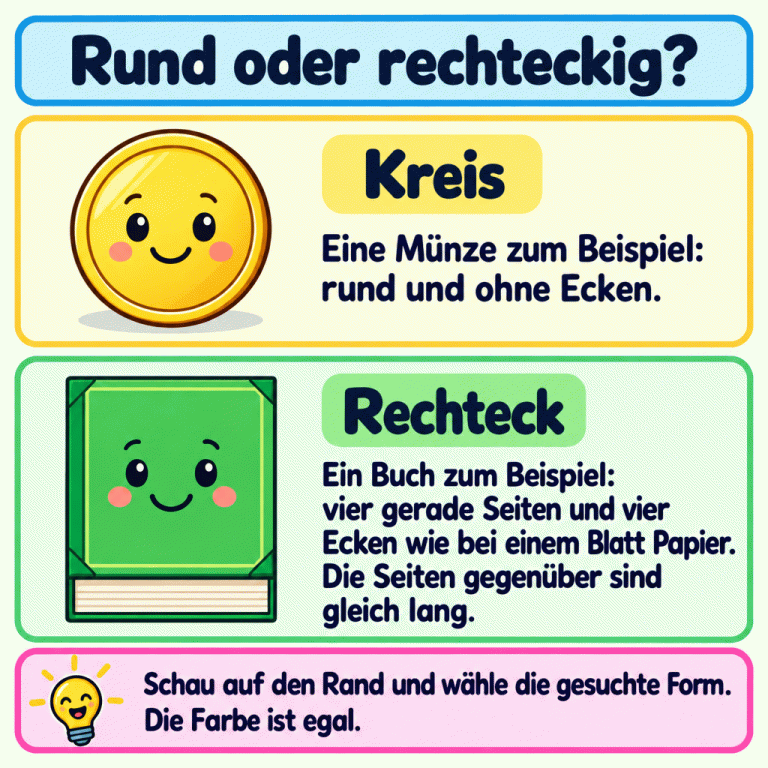 Zwei Beispiele zeigen die Formen: Eine Münze ist rund und ohne Ecken. Ihr Rand ist ein Kreis. Ein Buch zeigt ein Rechteck mit vier geraden Seiten und vier Ecken wie bei einem Blatt Papier. Die Seiten gegenüber sind gleich lang. Schau auf den Rand und wähle die Form, nach der die Aufgabe fragt. Die Farbe ist egal. Rund oder rechteckig? Kreis: Eine Münze zum Beispiel: rund und ohne Ecken. Rechteck: Ein Buch zum Beispiel: vier gerade Seiten und vier Ecken wie bei einem Blatt Papier. Die Seiten gegenüber sind gleich lang. Schau auf den Rand und wähle die gesuchte Form. Die Farbe ist egal.