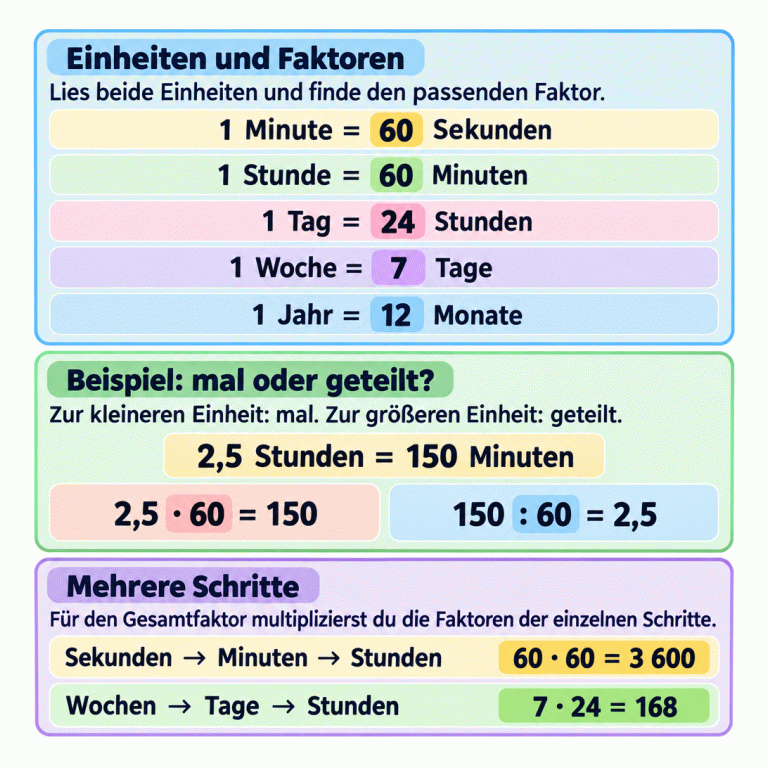 Die Karte erklärt das Umrechnen von Zeiteinheiten. Eine Minute hat 60 Sekunden, eine Stunde 60 Minuten, ein Tag 24 Stunden, eine Woche 7 Tage und ein Jahr 12 Monate. Zur kleineren Einheit multiplizierst du mit dem passenden Faktor, zur größeren dividierst du. Im Beispiel sind 2,5 Stunden gleich 150 Minuten: 2,5 mal 60 ergibt 150; 150 geteilt durch 60 ergibt 2,5. Von Sekunden zu Stunden geht es über Minuten: zweimal durch 60 teilen oder durch 3 600. Von Wochen zu Stunden geht es über Tage: mal 7 und mal 24 oder direkt mal 168. Einheiten und Faktoren: Lies beide Einheiten und finde den passenden Faktor. Beispiel: mal oder geteilt?: Zur kleineren Einheit: mal. Zur größeren Einheit: geteilt. Mehrere Schritte: Für den Gesamtfaktor multiplizierst du die Faktoren der einzelnen Schritte. 1 Minute = 60 Sekunden 1 Stunde = 60 Minuten 1 Tag = 24 Stunden 1 Woche = 7 Tage 1 Jahr = 12 Monate 2,5 Stunden = 150 Minuten 2,5 · 60 = 150 150 : 60 = 2,5 Sekunden → Minuten → Stunden 60 · 60 = 3 600 Wochen → Tage → Stunden 7 · 24 = 168
