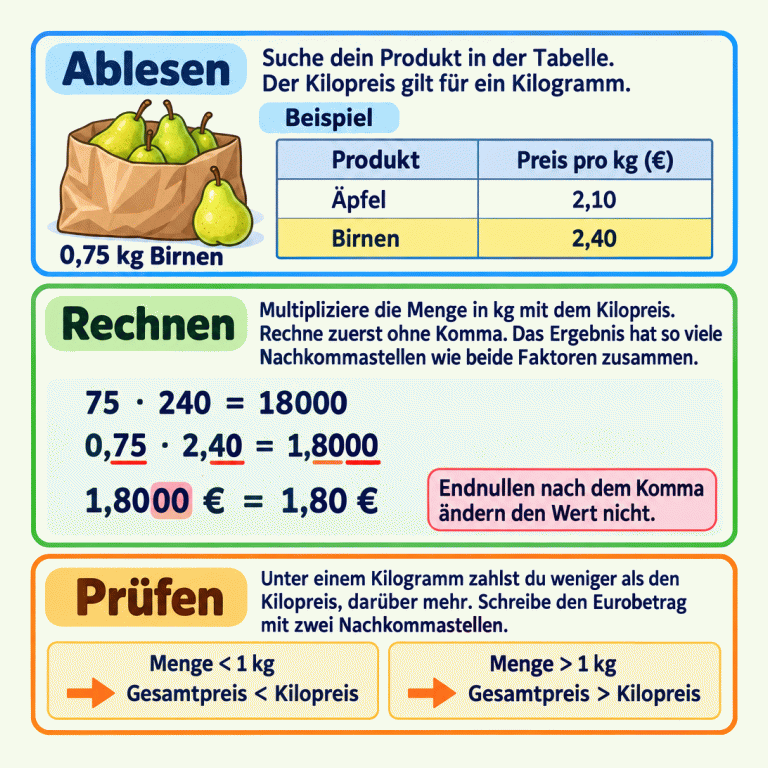 Drei Abschnitte erklären Ablesen, Rechnen und Prüfen. Ein gekennzeichnetes Beispiel zeigt 0,75 kg Birnen und eine Tabelle mit einem Kilopreis von 2,40 Euro für Birnen. Zuerst wird ohne Komma gerechnet: 75 mal 240 ergibt 18000. Danach lautet die Rechnung 0,75 mal 2,40 gleich 1,8000, mit insgesamt vier Nachkommastellen. 1,8000 Euro und 1,80 Euro sind gleich viel; überzählige Endnullen ändern den Wert nicht. Zur Kontrolle gilt: Unter einem Kilogramm liegt der Gesamtpreis unter dem Kilopreis, über einem Kilogramm darüber. Eurobeträge werden mit zwei Nachkommastellen geschrieben. Ablesen: Suche dein Produkt in der Tabelle. Der Kilopreis gilt für ein Kilogramm. Rechnen: Multipliziere die Menge in kg mit dem Kilopreis. Rechne zuerst ohne Komma. Das Ergebnis hat so viele Nachkommastellen wie beide Faktoren zusammen. Prüfen: Unter einem Kilogramm zahlst du weniger als den Kilopreis, darüber mehr. Schreibe den Eurobetrag mit zwei Nachkommastellen. Endnullen nach dem Komma ändern den Wert nicht. Beispiel 0,75 kg Birnen Produkt Preis pro kg (€) Äpfel 2,10 Birnen 2,40 75 · 240 = 18000 0,75 · 2,40 = 1,8000 1,8000 € = 1,80 € Menge < 1 kg Gesamtpreis < Kilopreis Menge > 1 kg Gesamtpreis > Kilopreis