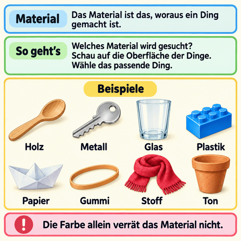 Das Material ist das, woraus ein Ding gemacht ist. Als Beispiele siehst du einen Holzlöffel, einen Metallschlüssel, ein Trinkglas aus Glas, einen Plastikbaustein, ein Papierboot, ein Gummiband, einen Stoffschal und einen Blumentopf aus Ton. Überlege, welches Material gesucht wird. Schau auf die Oberfläche der Dinge und wähle das passende Ding. Die Farbe allein verrät das Material nicht. Material: Das Material ist das, woraus ein Ding gemacht ist. So geht’s: Welches Material wird gesucht? Schau auf die Oberfläche der Dinge. Wähle das passende Ding. Die Farbe allein verrät das Material nicht. Beispiele Holz Metall Glas Plastik Papier Gummi Stoff Ton !