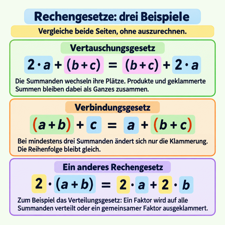 Drei Beispiele zum Strukturvergleich: Beim Vertauschungsgesetz wechseln ein Produkt und eine geklammerte Summe als ganze Summanden ihre Plätze. Beim Verbindungsgesetz bleiben drei Summanden in derselben Reihenfolge; nur ihre Gruppierung ändert sich. Als Beispiel für ein anderes Rechengesetz zeigt das Verteilungsgesetz einen Faktor vor einer Summe und denselben Faktor in beiden Einzelprodukten. Rückwärts wird der gemeinsame Faktor ausgeklammert. Der Wert bleibt jeweils gleich. Rechengesetze: drei Beispiele Vertauschungsgesetz: Die Summanden wechseln ihre Plätze. Produkte und geklammerte Summen bleiben dabei als Ganzes zusammen. Verbindungsgesetz: Bei mindestens drei Summanden ändert sich nur die Klammerung. Die Reihenfolge bleibt gleich. Ein anderes Rechengesetz: Zum Beispiel das Verteilungsgesetz: Ein Faktor wird auf alle Summanden verteilt oder ein gemeinsamer Faktor ausgeklammert. Vergleiche beide Seiten, ohne auszurechnen. 2 · a + (b + c) = (b + c) + 2 · a (a + b) + c = a + (b + c) 2 · (a + b) = 2 · a + 2 · b