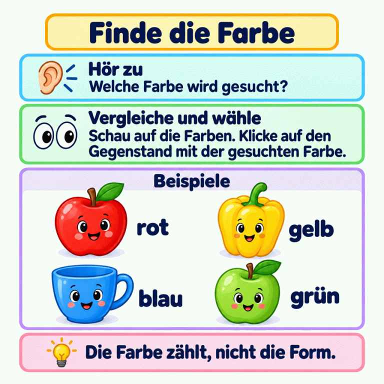 Finde die Farbe. Höre zu: Welche Farbe wird gesucht? Vier Beispiele zeigen einen roten Apfel mit dem Wort „rot“, eine gelbe Paprika mit „gelb“, eine blaue Tasse mit „blau“ und einen grünen Apfel mit „grün“. Vergleiche die Farben und klicke auf den Gegenstand mit der gesuchten Farbe. Die Farbe zählt, nicht die Form. Finde die Farbe Hör zu: Welche Farbe wird gesucht? Vergleiche und wähle: Schau auf die Farben. Klicke auf den Gegenstand mit der gesuchten Farbe. Die Farbe zählt, nicht die Form. Beispiele rot gelb blau grün