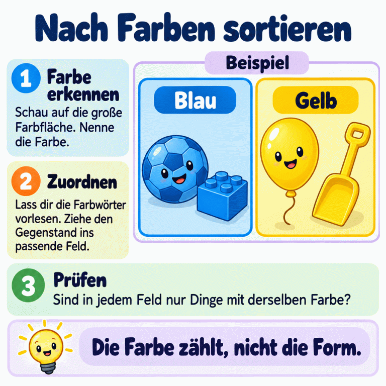 Ein Beispiel zeigt zwei Farbgruppen: Ein blauer Ball und ein blauer Baustein gehören zu „Blau“. Ein gelber Luftballon und eine gelbe Schaufel gehören zu „Gelb“. Die Dinge haben verschiedene Formen. Zum Sortieren zählt ihre Farbe. Am Schluss wird jedes Feld auf gleichfarbige Dinge geprüft. Nach Farben sortieren Farbe erkennen: Schau auf die große Farbfläche. Nenne die Farbe. Zuordnen: Lass dir die Farbwörter vorlesen. Ziehe den Gegenstand ins passende Feld. Prüfen: Sind in jedem Feld nur Dinge mit derselben Farbe? Die Farbe zählt, nicht die Form. Beispiel Blau Gelb 1 2 3