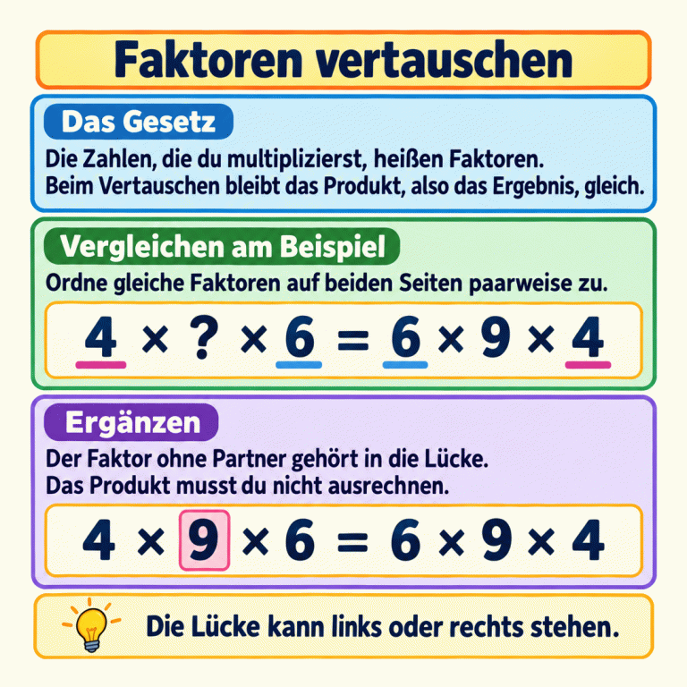 Beim Vertauschen der Faktoren bleibt das Produkt gleich. Zwei Formelzeilen zeigen ein Beispiel vor und nach dem Ergänzen. In 4 × ? × 6 = 6 × 9 × 4 werden die gleichen Faktoren 4 und 6 paarweise markiert. Der Faktor 9 hat zunächst keinen Partner und ersetzt deshalb das Fragezeichen. Danach stehen auf beiden Seiten dieselben drei Faktoren. Die Lücke kann links oder rechts stehen; das Produkt muss nicht ausgerechnet werden. Faktoren vertauschen Das Gesetz: Die Zahlen, die du multiplizierst, heißen Faktoren. Beim Vertauschen bleibt das Produkt, also das Ergebnis, gleich. Vergleichen am Beispiel: Ordne gleiche Faktoren auf beiden Seiten paarweise zu. Ergänzen: Der Faktor ohne Partner gehört in die Lücke. Das Produkt musst du nicht ausrechnen. Die Lücke kann links oder rechts stehen. 4 6 9 ? × =