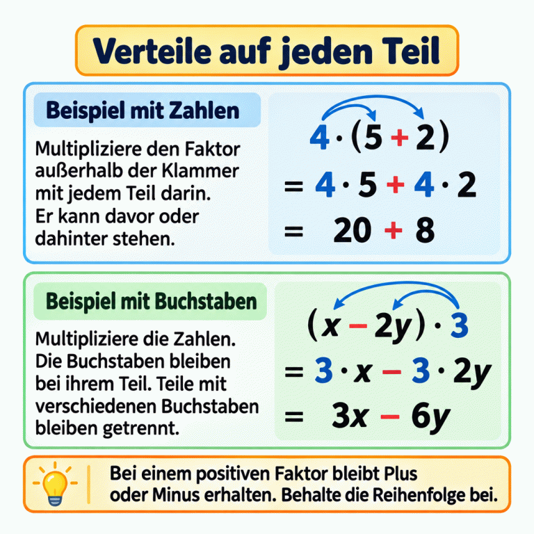 Zwei Beispiele zeigen das Verteilungsgesetz. Beim Zahlenbeispiel wird 4 · (5 + 2) zu 4 · 5 + 4 · 2 und anschließend zu 20 + 8. Beim Buchstabenbeispiel wird (x − 2y) · 3 zu 3 · x − 3 · 2y und anschließend zu 3x − 6y. Pfeile zeigen jeweils vom äußeren Faktor zu beiden Klammerteilen. Die Buchstaben bleiben bei ihren Teilen. Bei den positiven Faktoren bleiben Plus beziehungsweise Minus und die Teilreihenfolge erhalten. Verteile auf jeden Teil Beispiel mit Zahlen: Multipliziere den Faktor außerhalb der Klammer mit jedem Teil darin. Er kann davor oder dahinter stehen. Beispiel mit Buchstaben: Multipliziere die Zahlen. Die Buchstaben bleiben bei ihrem Teil. Teile mit verschiedenen Buchstaben bleiben getrennt. Bei einem positiven Faktor bleibt Plus oder Minus erhalten. Behalte die Reihenfolge bei. 4 · (5 + 2) = 4 · 5 + 4 · 2 = 20 + 8 (x − 2y) · 3 = 3 · x − 3 · 2y = 3x − 6y