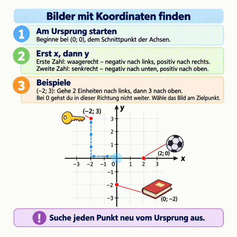 Ein Lehrbeispiel mit drei Bildern im Koordinatensystem. Vom Ursprung (0; 0) führt der Weg zwei Einheiten nach links und drei nach oben zum Schlüssel bei (−2; 3). Ein Buch gehört zum Punkt (0; −2) auf der y-Achse, ein Ball zum Punkt (2; 0) auf der x-Achse. Zuerst wird x waagerecht gelesen, danach y senkrecht. Negative Werte führen nach links beziehungsweise unten, positive nach rechts beziehungsweise oben. Bei 0 entfällt die Bewegung in dieser Richtung. Jede neue Suche beginnt am Ursprung. Bilder mit Koordinaten finden Am Ursprung starten: Beginne bei (0; 0), dem Schnittpunkt der Achsen. Erst x, dann y: Erste Zahl: waagerecht – negativ nach links, positiv nach rechts. Zweite Zahl: senkrecht – negativ nach unten, positiv nach oben. Beispiele: (−2; 3): Gehe 2 Einheiten nach links, dann 3 nach oben. Bei 0 gehst du in dieser Richtung nicht weiter. Wähle das Bild am Zielpunkt. Suche jeden Punkt neu vom Ursprung aus. x y −3 −2 −1 1 2 3 (−2; 3) (0; −2) (2; 0) 1 2 3 !