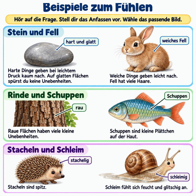 Beispiele für Fühleigenschaften: Ein Stein ist hart und glatt. Harte Dinge geben bei leichtem Druck kaum nach; auf glatten Flächen spürst du keine Unebenheiten. Ein Kaninchen zeigt weiches Fell aus vielen Haaren. Weiche Dinge geben leicht nach. Raue Baumrinde hat viele kleine Unebenheiten. Ein Fisch hat Schuppen wie Plättchen auf der Haut. Ein Igel hat spitze Stacheln. Der Schneckenkörper ist schleimig: feucht und glitschig. Höre auf die Frage, stelle dir das Anfassen vor und wähle das passende Bild. Beispiele zum Fühlen Stein und Fell: Harte Dinge geben bei leichtem Druck kaum nach. Auf glatten Flächen spürst du keine Unebenheiten. Weiche Dinge geben leicht nach. Fell hat viele Haare. Rinde und Schuppen: Raue Flächen haben viele kleine Unebenheiten. Schuppen sind kleine Plättchen auf der Haut. Stacheln und Schleim: Stacheln sind spitz. Schleim fühlt sich feucht und glitschig an. Hör auf die Frage. Stell dir das Anfassen vor. Wähle das passende Bild. hart und glatt weiches Fell rau Schuppen stachelig schleimig