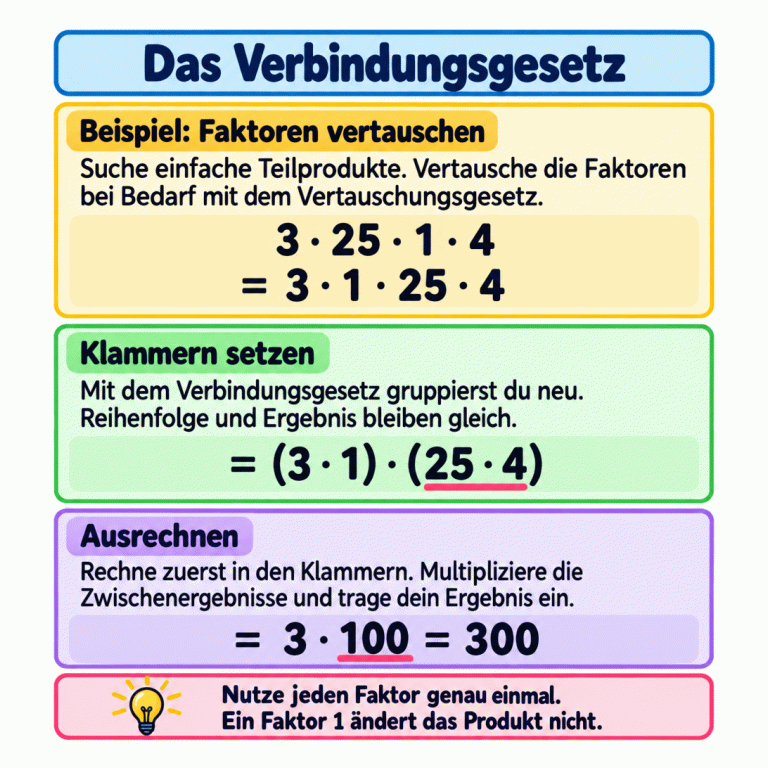 Ein Beispiel zeigt vier Faktoren: 3 mal 25 mal 1 mal 4 wird mit dem Vertauschungsgesetz zu 3 mal 1 mal 25 mal 4 umgeordnet. Das Verbindungsgesetz setzt anschließend Klammern um 3 mal 1 und 25 mal 4, ohne die Faktorenfolge zu ändern. Die Teilprodukte 3 und 100 ergeben 300. Jeder Faktor wird genau einmal benutzt; ein Faktor 1 verändert das Produkt nicht. Das Verbindungsgesetz Beispiel: Faktoren vertauschen: Suche einfache Teilprodukte. Vertausche die Faktoren bei Bedarf mit dem Vertauschungsgesetz. Klammern setzen: Mit dem Verbindungsgesetz gruppierst du neu. Reihenfolge und Ergebnis bleiben gleich. Ausrechnen: Rechne zuerst in den Klammern. Multipliziere die Zwischenergebnisse und trage dein Ergebnis ein. Nutze jeden Faktor genau einmal. Ein Faktor 1 ändert das Produkt nicht. 3 · 25 · 1 · 4 = 3 · 1 · 25 · 4 = (3 · 1) · (25 · 4) = 3 · 100 = 300
