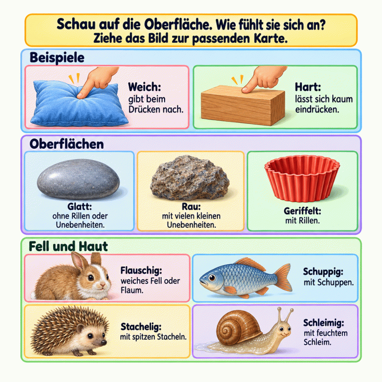Beispiele zum Sortieren: Ein weiches Kissen gibt beim Drücken nach, ein harter Holzklotz kaum. Ein Stein ist glatt, ein anderer rau. Eine Backform hat Rillen. Ein Kaninchen zeigt flauschiges Fell, ein Fisch Schuppen, ein Igel Stacheln und eine Schnecke Schleim. Ordne jedes Bild nach seiner Beschaffenheit der passenden Karte zu. Beispiele: Weich: gibt beim Drücken nach.
Hart: lässt sich kaum eindrücken. Oberflächen: Glatt: ohne Rillen oder Unebenheiten.
Rau: mit vielen kleinen Unebenheiten.
Geriffelt: mit Rillen. Fell und Haut: Flauschig: weiches Fell oder Flaum.
Schuppig: mit Schuppen.
Stachelig: mit spitzen Stacheln.
Schleimig: mit feuchtem Schleim. Schau auf die Oberfläche. Wie fühlt sie sich an? Ziehe das Bild zur passenden Karte.