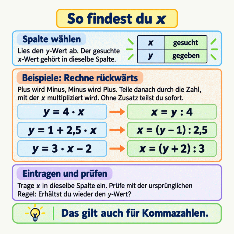 Lernkarte zum Finden fehlender x-Werte. Eine Schematabelle zeigt x als gesucht und y als gegeben in derselben Spalte. Drei Beispiele zeigen die Umkehrregeln: Aus y = 4 · x wird x = y : 4; aus y = 1 + 2,5 · x wird x = (y − 1) : 2,5; aus y = 3 · x − 2 wird x = (y + 2) : 3. Zuerst Plus oder Minus rückgängig machen, danach teilen. Das Ergebnis wird mit der ursprünglichen Regel geprüft. Die Methode gilt auch für Kommazahlen. So findest du x Spalte wählen: Lies den y-Wert ab. Der gesuchte x-Wert gehört in dieselbe Spalte. Beispiele: Rechne rückwärts: Plus wird Minus, Minus wird Plus. Teile danach durch die Zahl, mit der x multipliziert wird. Ohne Zusatz teilst du sofort. Eintragen und prüfen: Trage x in dieselbe Spalte ein. Prüfe mit der ursprünglichen Regel: Erhältst du wieder den y-Wert? Das gilt auch für Kommazahlen. x gesucht y gegeben y = 4 · x x = y : 4 y = 1 + 2,5 · x x = (y − 1) : 2,5 y = 3 · x − 2 x = (y + 2) : 3