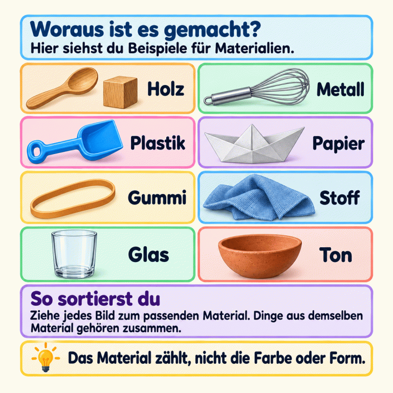 Lernkarte mit beschrifteten Materialbeispielen: Holzlöffel und Holzwürfel gehören gemeinsam zu Holz. Weitere Beispiele sind ein Metallschneebesen, eine Plastikschaufel, ein Papierboot, ein Gummiband, ein Stofftuch, ein Trinkglas und eine Tonschale. Die Anleitung erklärt: Überlege, woraus ein Gegenstand gemacht ist, und ziehe sein Bild zum passenden Material. Dinge aus demselben Material gehören zusammen; Farbe und Form entscheiden nicht über die Gruppe. Woraus ist es gemacht?: Hier siehst du Beispiele für Materialien. So sortierst du: Ziehe jedes Bild zum passenden Material. Dinge aus demselben Material gehören zusammen. Das Material zählt, nicht die Farbe oder Form. Holz Metall Plastik Papier Gummi Stoff Glas Ton