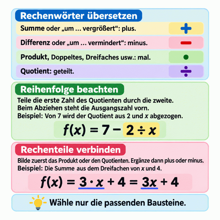 Eine Mathematikkarte ordnet Rechenwörter den Zeichen Plus, Minus, Mal und Geteilt zu. Beim Quotienten wird die erste genannte Zahl durch die zweite geteilt; beim Abziehen steht die Ausgangszahl zuerst. Das erste gekennzeichnete Beispiel zeigt f(x) = 7 − 2 ÷ x: Zwei wird durch x geteilt und der Quotient von sieben abgezogen. Das zweite Beispiel zeigt f(x) = 3 · x + 4 = 3x + 4: Zum Dreifachen von x wird vier addiert. Produkt oder Quotient werden zuerst gebildet und danach mit plus oder minus verbunden. Nur passende Bausteine werden verwendet. Rechenwörter übersetzen: Summe oder „um … vergrößert“: plus.
Differenz oder „um … vermindert“: minus.
Produkt, Doppeltes, Dreifaches usw.: mal.
Quotient: geteilt. Reihenfolge beachten: Teile die erste Zahl des Quotienten durch die zweite. Beim Abziehen steht die Ausgangszahl vorn.
Beispiel: Von 7 wird der Quotient aus 2 und x abgezogen. Rechenteile verbinden: Bilde zuerst das Produkt oder den Quotienten. Ergänze dann plus oder minus.
Beispiel: Die Summe aus dem Dreifachen von x und 4. Wähle nur die passenden Bausteine. + − · ÷ f(x) = 7 − 2 ÷ x f(x) = 3 · x + 4 = 3x + 4