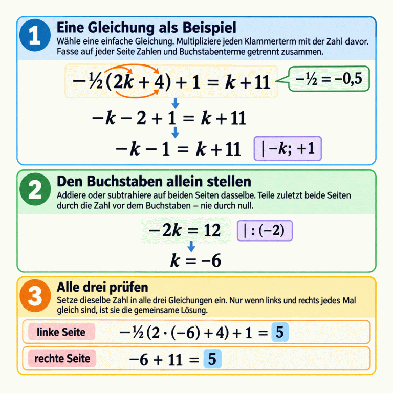Drei Abschnitte erklären das Lösen und Prüfen von Gleichungen. Die Beispielgleichung −½(2k + 4) + 1 = k + 11 wird ausmultipliziert und zusammengefasst. Auf beiden Seiten werden k subtrahiert und 1 addiert. Aus −2k = 12 folgt durch Division durch −2 der Beispielwert k = −6. Bei der Probe dieser Gleichung ergeben linke und rechte Seite jeweils 5. Für eine gemeinsame Lösung muss derselbe gefundene Wert in allen drei Gleichungen geprüft werden. Eine Gleichung als Beispiel: Wähle eine einfache Gleichung. Multipliziere jeden Klammerterm mit der Zahl davor. Fasse auf jeder Seite Zahlen und Buchstabenterme getrennt zusammen. Den Buchstaben allein stellen: Addiere oder subtrahiere auf beiden Seiten dasselbe. Teile zuletzt beide Seiten durch die Zahl vor dem Buchstaben – nie durch null. Alle drei prüfen: Setze dieselbe Zahl in alle drei Gleichungen ein. Nur wenn links und rechts jedes Mal gleich sind, ist sie die gemeinsame Lösung. −½(2k + 4) + 1 = k + 11 −½ = −0,5 −k − 2 + 1 = k + 11 −k − 1 = k + 11 | −k; +1 −2k = 12 | : (−2) k = −6 linke Seite −½(2 · (−6) + 4) + 1 = 5 rechte Seite −6 + 11 = 5 1 2 3