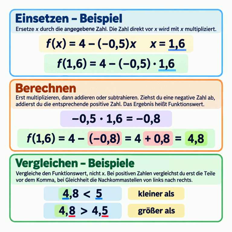 Die Karte erklärt Einsetzen, Berechnen und Vergleichen. Im Lehrbeispiel gilt f(x) = 4 − (−0,5)x und x = 1,6. Einsetzen ergibt f(1,6) = 4 − (−0,5) · 1,6. Zuerst wird −0,5 · 1,6 = −0,8 berechnet. Danach gilt f(1,6) = 4 − (−0,8) = 4 + 0,8 = 4,8. Verglichen wird dieses Ergebnis, nicht der Eingabewert: 4,8 ist kleiner als 5 und größer als 4,5. Bei positiven Zahlen entscheidet zuerst der Teil vor dem Komma, bei Gleichheit die erste unterschiedliche Nachkommastelle. Einsetzen – Beispiel: Ersetze x durch die angegebene Zahl. Die Zahl direkt vor x wird mit x multipliziert. Berechnen: Erst multiplizieren, dann addieren oder subtrahieren. Ziehst du eine negative Zahl ab, addierst du die entsprechende positive Zahl. Das Ergebnis heißt Funktionswert. Vergleichen – Beispiele: Vergleiche den Funktionswert, nicht x. Bei positiven Zahlen vergleichst du erst die Teile vor dem Komma, bei Gleichheit die Nachkommastellen von links nach rechts. f(x) = 4 − (−0,5)x x = 1,6 f(1,6) = 4 − (−0,5) · 1,6 −0,5 · 1,6 = −0,8 f(1,6) = 4 − (−0,8) = 4 + 0,8 = 4,8 4,8 < 5 kleiner als 4,8 > 4,5 größer als