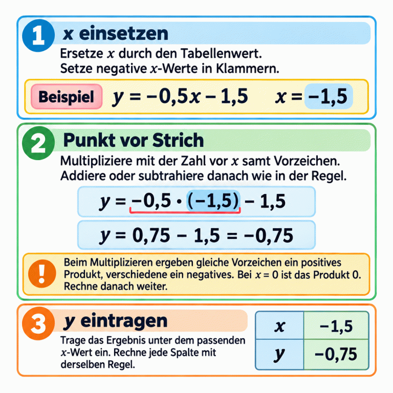 Drei Schritte zum Ausfüllen einer Wertetabelle: x einsetzen, zuerst multiplizieren und danach addieren oder subtrahieren, anschließend y unter dem passenden x eintragen. Das Beispiel verwendet y = −0,5x − 1,5 und x = −1,5. Die Einsetzung ergibt zuerst das Produkt 0,75 und danach y = −0,75. In der kleinen Tabelle steht −0,75 direkt unter −1,5. Beim Multiplizieren ergeben gleiche Vorzeichen ein positives Produkt, verschiedene ein negatives. Bei x = 0 ist das Produkt 0; danach wird weitergerechnet. Jede Spalte wird mit derselben Aufgabenregel berechnet. x einsetzen: Ersetze x durch den Tabellenwert. Setze negative x-Werte in Klammern. Punkt vor Strich: Multipliziere mit der Zahl vor x samt Vorzeichen. Addiere oder subtrahiere danach wie in der Regel. y eintragen: Trage das Ergebnis unter dem passenden x-Wert ein. Rechne jede Spalte mit derselben Regel. Beim Multiplizieren ergeben gleiche Vorzeichen ein positives Produkt, verschiedene ein negatives. Bei x = 0 ist das Produkt 0. Rechne danach weiter. Beispiel y = −0,5x − 1,5 x = −1,5 y = −0,5 · (−1,5) − 1,5 y = 0,75 − 1,5 = −0,75 x y −1,5 −0,75 1 2 ! 3