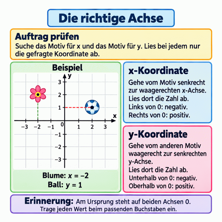 Lernkarte zum Ablesen einzelner Koordinaten von zwei verschiedenen Motiven. Die x-Achse ist waagerecht, die y-Achse senkrecht. Im ausdrücklich gekennzeichneten Beispiel führt eine senkrechte Hilfslinie von der Blume zum x-Wert −2. Eine waagerechte Hilfslinie führt vom Ball zum y-Wert 1. Negative Werte liegen links beziehungsweise unterhalb der Null, positive rechts beziehungsweise oberhalb. Am Ursprung gilt auf beiden Achsen 0. In jeder Aufgabe werden die dort genannten Motive verwendet und nur die jeweils gefragten Koordinaten abgelesen. Die richtige Achse Auftrag prüfen: Suche das Motiv für x und das Motiv für y. Lies bei jedem nur die gefragte Koordinate ab. x-Koordinate: Gehe vom Motiv senkrecht zur waagerechten x-Achse. Lies dort die Zahl ab. Links von 0: negativ. Rechts von 0: positiv. y-Koordinate: Gehe vom anderen Motiv waagerecht zur senkrechten y-Achse. Lies dort die Zahl ab. Unterhalb von 0: negativ. Oberhalb von 0: positiv. Am Ursprung steht auf beiden Achsen 0. Trage jeden Wert beim passenden Buchstaben ein. Beispiel x y −3 −2 −1 1 2 3 Blume: x = −2 Ball: y = 1 Erinnerung: