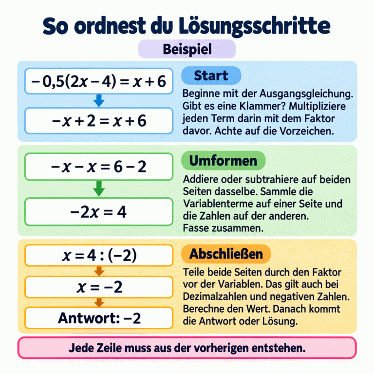 Ein geordnetes Lehrbeispiel erklärt drei Phasen: Start, Umformen und Abschließen. Aus −0,5(2x − 4) = x + 6 wird durch Ausmultiplizieren −x + 2 = x + 6. Nach Subtraktion von x und 2 auf beiden Seiten folgt −x − x = 6 − 2, zusammengefasst −2x = 4. Danach stehen x = 4 : (−2), x = −2 und Antwort: −2. Der Merksatz lautet: Jede Zeile muss aus der vorherigen entstehen. So ordnest du Lösungsschritte Start: Beginne mit der Ausgangsgleichung. Gibt es eine Klammer? Multipliziere jeden Term darin mit dem Faktor davor. Achte auf die Vorzeichen. Umformen: Addiere oder subtrahiere auf beiden Seiten dasselbe. Sammle die Variablenterme auf einer Seite und die Zahlen auf der anderen. Fasse zusammen. Abschließen: Teile beide Seiten durch den Faktor vor der Variablen. Das gilt auch bei Dezimalzahlen und negativen Zahlen. Berechne den Wert. Danach kommt die Antwort oder Lösung. Jede Zeile muss aus der vorherigen entstehen. Beispiel −0,5(2x − 4) = x + 6 −x + 2 = x + 6 −x − x = 6 − 2 −2x = 4 x = 4 : (−2) x = −2 Antwort: −2