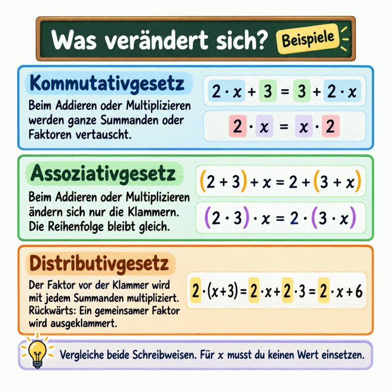 Drei Abschnitte untereinander zeigen fünf Lehrbeispiele. Beim Kommutativgesetz werden ganze Summanden oder Faktoren vertauscht. Beim Assoziativgesetz ändern sich bei durchgehender Addition oder Multiplikation nur die Klammern, nicht die Reihenfolge. Beim Distributivgesetz zeigt eine Gleichheitskette das Multiplizieren eines Faktors mit beiden Summanden und das Vereinfachen eines Produkts. Der Rückwärtssatz erklärt das Ausklammern eines gemeinsamen Faktors. Was verändert sich? Kommutativgesetz: Beim Addieren oder Multiplizieren werden ganze Summanden oder Faktoren vertauscht. Assoziativgesetz: Beim Addieren oder Multiplizieren ändern sich nur die Klammern. Die Reihenfolge bleibt gleich. Distributivgesetz: Der Faktor vor der Klammer wird mit jedem Summanden multipliziert. Rückwärts: Ein gemeinsamer Faktor wird ausgeklammert. Vergleiche beide Schreibweisen. Für x musst du keinen Wert einsetzen. Beispiele 2 · x + 3 = 3 + 2 · x 2 · x = x · 2 (2 + 3) + x = 2 + (3 + x) (2 · 3) · x = 2 · (3 · x) 2 · (x + 3) = 2 · x + 2 · 3 = 2 · x + 6