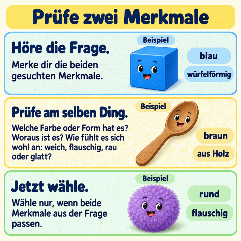 Die Karte erklärt: Merke dir die zwei Merkmale aus der Frage, prüfe beide am selben Ding und wähle nur, wenn beide passen. Drei gekennzeichnete Beispiele zeigen jeweils zwei Eigenschaften: ein blauer Würfel ist blau und würfelförmig, ein brauner Holzlöffel ist braun und aus Holz, ein Flauschball ist rund und flauschig. Auch weich, rau und glatt können gesuchte Merkmale sein. Prüfe zwei Merkmale Höre die Frage.: Merke dir die beiden gesuchten Merkmale. Prüfe am selben Ding.: Welche Farbe oder Form hat es? Woraus ist es? Wie fühlt es sich wohl an: weich, flauschig, rau oder glatt? Jetzt wähle.: Wähle nur, wenn beide Merkmale aus der Frage passen. Beispiel blau würfelförmig braun aus Holz rund flauschig