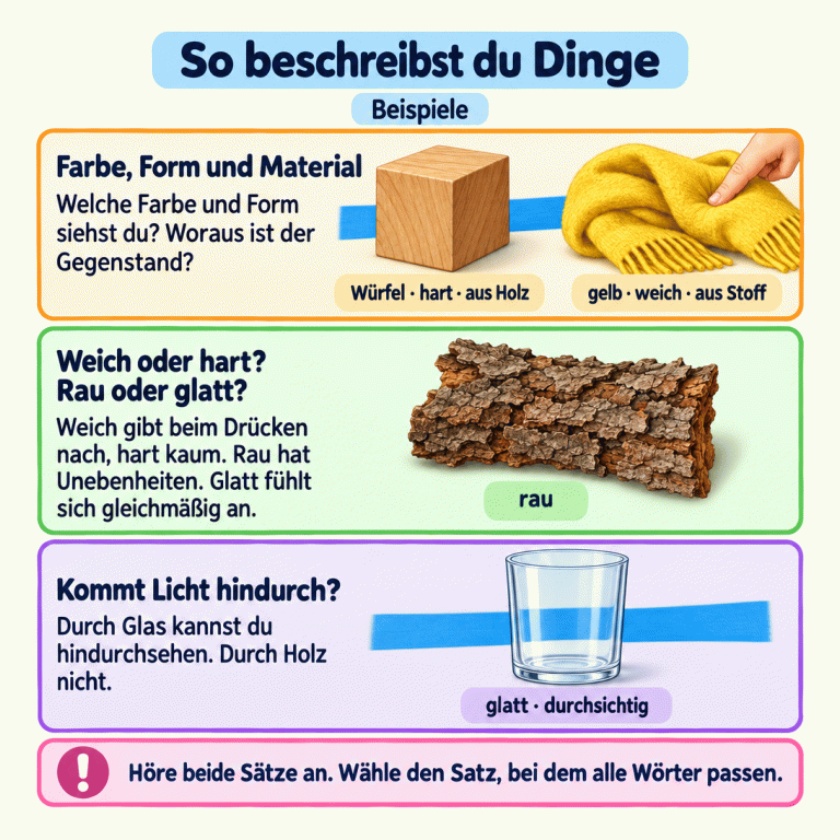 Eine Lernkarte erklärt, wie man Gegenstände beschreibt. Als Beispiele zeigt sie einen gelben, weichen Stoffschal, einen harten Holzwürfel, raue Baumrinde und ein glattes, durchsichtiges Glas. Ein Hintergrundband ist durch das Glas sichtbar, wird vom Holz aber verdeckt. Die Karte fordert dazu auf, Farbe, Form, Material und weitere Eigenschaften zu prüfen und den Satz auszuwählen, bei dem alle Wörter passen. So beschreibst du Dinge Farbe, Form und Material: Welche Farbe und Form siehst du? Woraus ist der Gegenstand? Weich oder hart? Rau oder glatt?: Weich gibt beim Drücken nach, hart kaum. Rau hat Unebenheiten. Glatt fühlt sich gleichmäßig an. Kommt Licht hindurch?: Durch Glas kannst du hindurchsehen. Durch Holz nicht. Höre beide Sätze an. Wähle den Satz, bei dem alle Wörter passen. Beispiele gelb · weich · aus Stoff Würfel · hart · aus Holz rau glatt · durchsichtig !