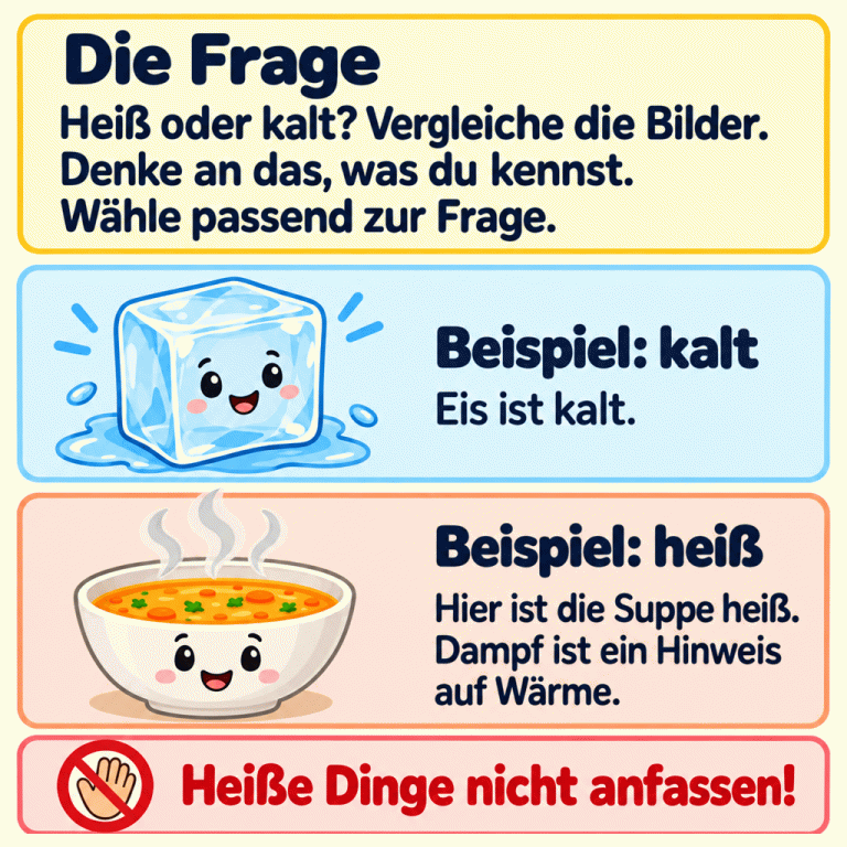 Die Karte erklärt, wie du passend zur Frage etwas Heißes oder Kaltes auswählst. Ein Eiswürfel ist das kalte Beispiel. Eine dampfende Schale Suppe ist hier das heiße Beispiel. Dampf weist auf Wärme hin. Heiße Dinge nicht anfassen. Die Frage: Heiß oder kalt? Vergleiche die Bilder. Denke an das, was du kennst. Wähle passend zur Frage. Beispiel: kalt: Eis ist kalt. Beispiel: heiß: Hier ist die Suppe heiß. Dampf ist ein Hinweis auf Wärme. Heiße Dinge nicht anfassen!