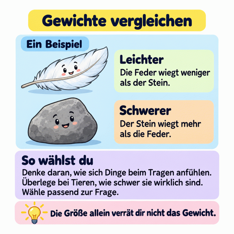 Eine Feder und ein Stein als Beispiel: Die Feder ist leichter und wiegt weniger als der Stein. Der Stein ist schwerer und wiegt mehr als die Feder. Denke daran, wie sich Dinge beim Tragen anfühlen, oder an das wirkliche Gewicht von Tieren. Wähle passend zur Frage. Die Größe allein verrät dir nicht das Gewicht. Gewichte vergleichen Leichter: Die Feder wiegt weniger als der Stein. Schwerer: Der Stein wiegt mehr als die Feder. So wählst du: Denke daran, wie sich Dinge beim Tragen anfühlen. Überlege bei Tieren, wie schwer sie wirklich sind. Wähle passend zur Frage. Die Größe allein verrät dir nicht das Gewicht. Ein Beispiel