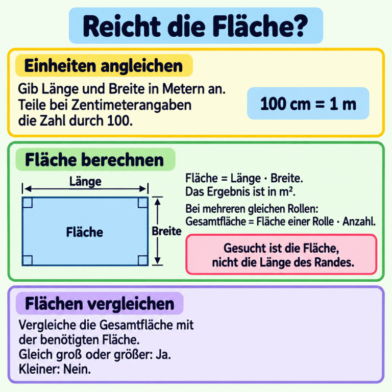 Lernkarte zum Berechnen und Vergleichen von Materialflächen. Zuerst werden beide Seitenlängen in Metern angegeben; 100 cm entsprechen 1 m. Ein Rechteck zeigt Länge und Breite an benachbarten Seiten und die Fläche im Inneren. Länge mal Breite ergibt die Fläche in m². Bei mehreren gleichen Rollen wird die Einzelfläche mit ihrer Anzahl multipliziert. Ist die Gesamtfläche gleich groß oder größer als die benötigte Fläche, lautet die Antwort Ja; ist sie kleiner, lautet sie Nein. Gesucht ist die Fläche, nicht die Randlänge. Reicht die Fläche? Einheiten angleichen: Gib Länge und Breite in Metern an. Teile bei Zentimeterangaben die Zahl durch 100. Fläche berechnen: Fläche = Länge · Breite. Das Ergebnis ist in m². Bei mehreren gleichen Rollen: Gesamtfläche = Fläche einer Rolle · Anzahl. Flächen vergleichen: Vergleiche die Gesamtfläche mit der benötigten Fläche. Gleich groß oder größer: Ja. Kleiner: Nein. Gesucht ist die Fläche, nicht die Länge des Randes. 100 cm = 1 m Länge Breite Fläche