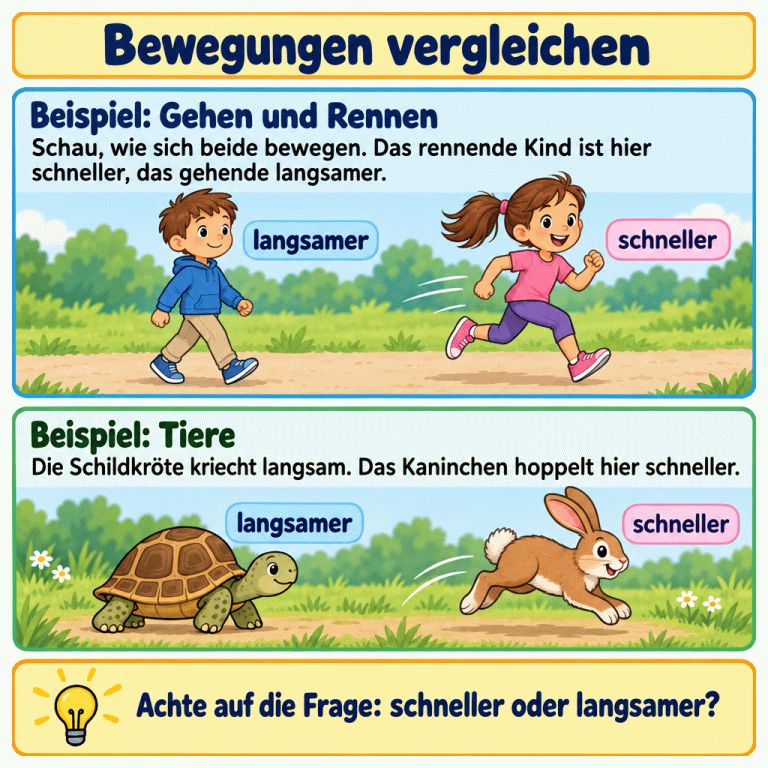 Zwei Lehrbeispiele zum Vergleichen von Bewegungen: Ein gehendes Kind ist hier langsamer als ein rennendes Kind. Eine kriechende Schildkröte ist im zweiten Beispiel langsamer als ein hoppelndes Kaninchen. Die passenden Vergleichswörter stehen bei den Figuren. Der abschließende Hinweis erinnert daran, ob die Frage nach schneller oder langsamer fragt. Bewegungen vergleichen Beispiel: Gehen und Rennen: Schau, wie sich beide bewegen. Das rennende Kind ist hier schneller, das gehende langsamer. Beispiel: Tiere: Die Schildkröte kriecht langsam. Das Kaninchen hoppelt hier schneller. Achte auf die Frage: schneller oder langsamer? langsamer schneller