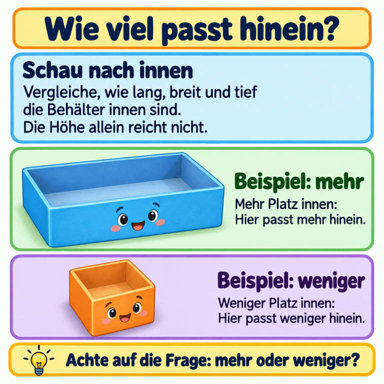 Eine Lernkarte zeigt zwei offene Behälter als Vergleichsbeispiel. Einer hat eine deutlich längere und breitere innere Bodenfläche bei mindestens gleicher Tiefe: Dort passt mehr hinein. Der andere bietet weniger Platz innen. Der Text erklärt, Länge, Breite und Tiefe gemeinsam zu betrachten und auf die Frage nach mehr oder weniger zu achten. Wie viel passt hinein? Schau nach innen: Vergleiche, wie lang, breit und tief die Behälter innen sind. Die Höhe allein reicht nicht. Beispiel: mehr: Mehr Platz innen: Hier passt mehr hinein. Beispiel: weniger: Weniger Platz innen: Hier passt weniger hinein. Achte auf die Frage: mehr oder weniger?
