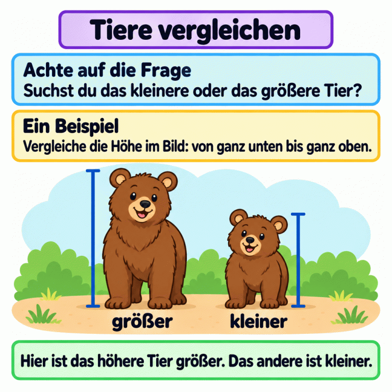 Ein Beispiel mit zwei Bären erklärt den Größenvergleich. Der höhere Bär ist mit „größer“ beschriftet, der weniger hohe mit „kleiner“. Linien zeigen ihre vollständige Höhe von ganz unten bis ganz oben. Achte darauf, ob die Frage nach dem kleineren oder dem größeren Tier fragt, und vergleiche die Tiere so, wie sie im Bild dargestellt sind. Tiere vergleichen Achte auf die Frage: Suchst du das kleinere oder das größere Tier? Ein Beispiel: Vergleiche die Höhe im Bild: von ganz unten bis ganz oben. Hier ist das höhere Tier größer. Das andere ist kleiner. größer kleiner