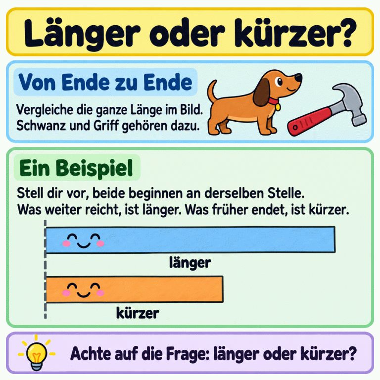Zwei Papierstreifen sind als Beispiel untereinander dargestellt. Beide beginnen an derselben Bezugslinie. Ein Streifen reicht weiter und ist mit „länger“ beschriftet. Der andere endet früher und trägt „kürzer“. Die Texte erklären, dass die ganze Länge im Bild von Ende zu Ende verglichen wird und auch Schwanz oder Griff dazugehören. Die Erinnerung fordert dazu auf, die Frage nach länger oder kürzer zu beachten. Länger oder kürzer? Von Ende zu Ende: Vergleiche die ganze Länge im Bild. Schwanz und Griff gehören dazu. Ein Beispiel: Stell dir vor, beide beginnen an derselben Stelle. Was weiter reicht, ist länger. Was früher endet, ist kürzer. Achte auf die Frage: länger oder kürzer? länger kürzer