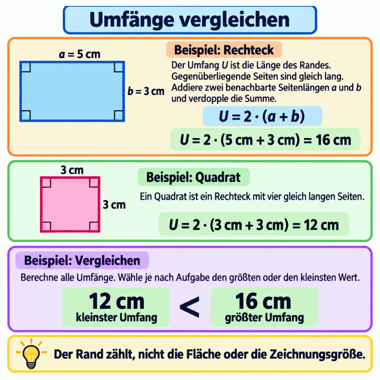 Die Lernkarte erklärt den Umfang als Länge des gesamten Randes und zeigt die Formel U = 2 · (a + b). Im gekennzeichneten Rechteckbeispiel ergeben die Seitenlängen 5 cm und 3 cm einen Umfang von 16 cm. Ein Quadrat mit Seitenlänge 3 cm hat nach derselben Formel einen Umfang von 12 cm. Der Vergleich zeigt: 12 cm ist der kleinste und 16 cm der größte Umfang dieser beiden Beispiele. In den Aufgaben werden alle Umfänge berechnet und je nach Fragestellung der größte oder der kleinste Wert gewählt. Umfänge vergleichen Beispiel: Rechteck: Der Umfang U ist die Länge des Randes. Gegenüberliegende Seiten sind gleich lang. Addiere zwei benachbarte Seitenlängen a und b und verdopple die Summe. Beispiel: Quadrat: Ein Quadrat ist ein Rechteck mit vier gleich langen Seiten. Beispiel: Vergleichen: Berechne alle Umfänge. Wähle je nach Aufgabe den größten oder den kleinsten Wert. Der Rand zählt, nicht die Fläche oder die Zeichnungsgröße. a = 5 cm b = 3 cm U = 2 · (a + b) U = 2 · (5 cm + 3 cm) = 16 cm 3 cm U = 2 · (3 cm + 3 cm) = 12 cm 12 cm < 16 cm kleinster Umfang größter Umfang