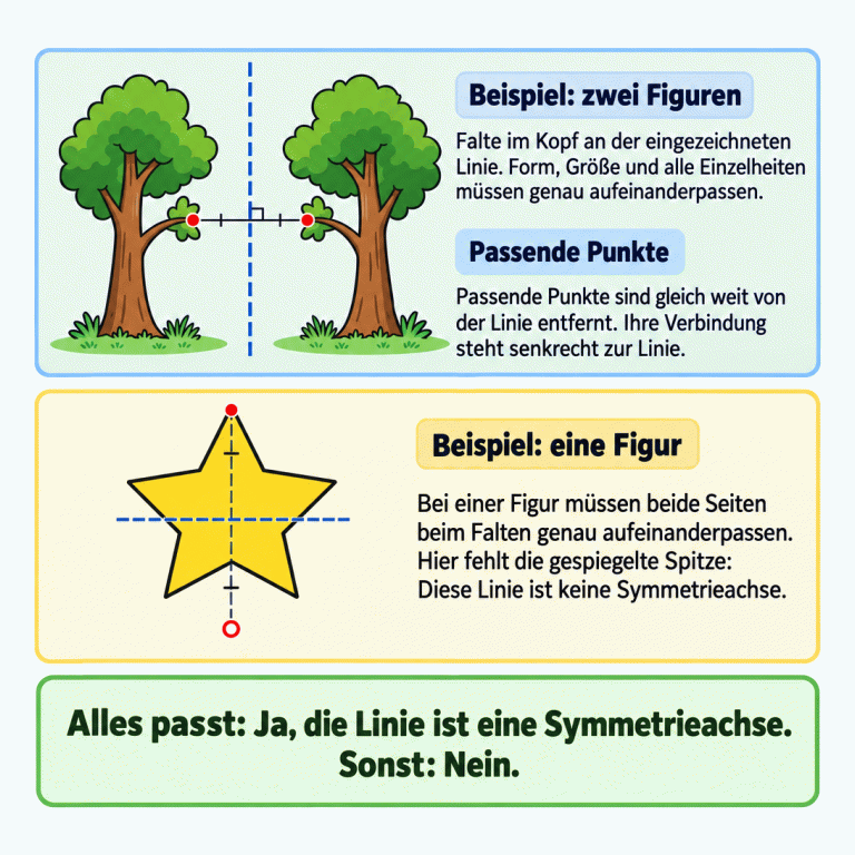 Zwei Lehrbeispiele zur Faltprobe: Oben bilden zwei Bäume an einer senkrechten Linie echte Spiegelbilder. Ein verbundenes Punktpaar zeigt gleiche Abstände und eine senkrechte Verbindung zur Linie. Unten verläuft eine waagerechte Linie durch einen fünfzackigen Stern. Die erwartete Spiegelstelle seiner oberen Spitze liegt außerhalb des Sterns; diese Linie ist keine Symmetrieachse. Nur vollständige Übereinstimmung bedeutet Ja, eine Abweichung bedeutet Nein. Beispiel: zwei Figuren: Falte im Kopf an der eingezeichneten Linie. Form, Größe und alle Einzelheiten müssen genau aufeinanderpassen. Passende Punkte: Passende Punkte sind gleich weit von der Linie entfernt. Ihre Verbindung steht senkrecht zur Linie. Beispiel: eine Figur: Bei einer Figur müssen beide Seiten beim Falten genau aufeinanderpassen. Hier fehlt die gespiegelte Spitze: Diese Linie ist keine Symmetrieachse. Alles passt: Ja, die Linie ist eine Symmetrieachse. Sonst: Nein.